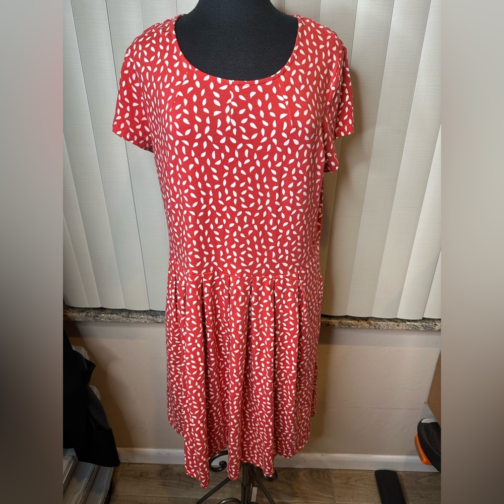 Sahalie Red and White Leaf Print Midi Cotton Blend Pockets Dress Size XL